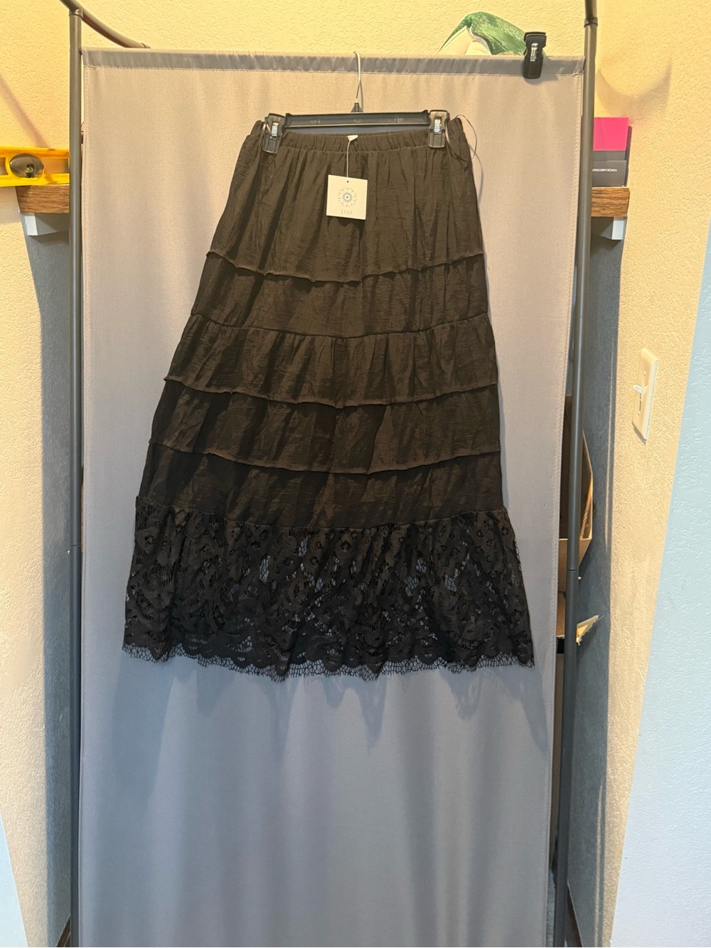 Lace-Trim Tiered Maxi Skirt - Black